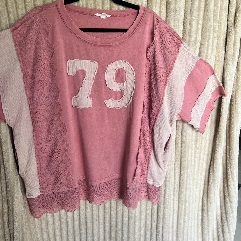 Women's Pink Lace Accent '79' Short Sleeve Tee - Picture 2 of 6
